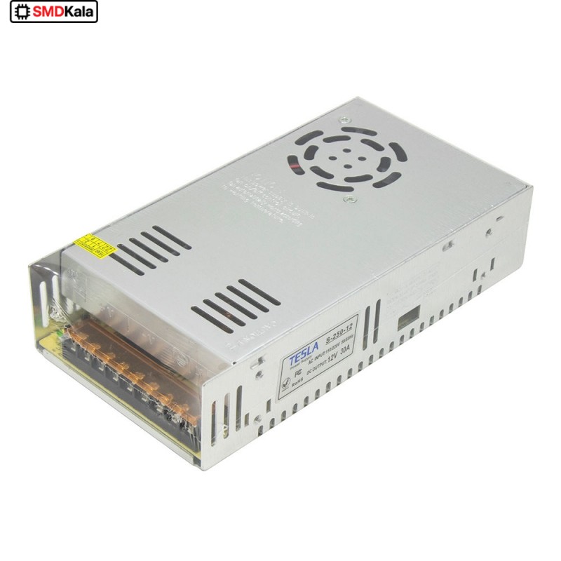 تغذیه سوئیچینگ فلزی 12 ولت 30 آمپر 12v-30A فن دار مارک TESLA
