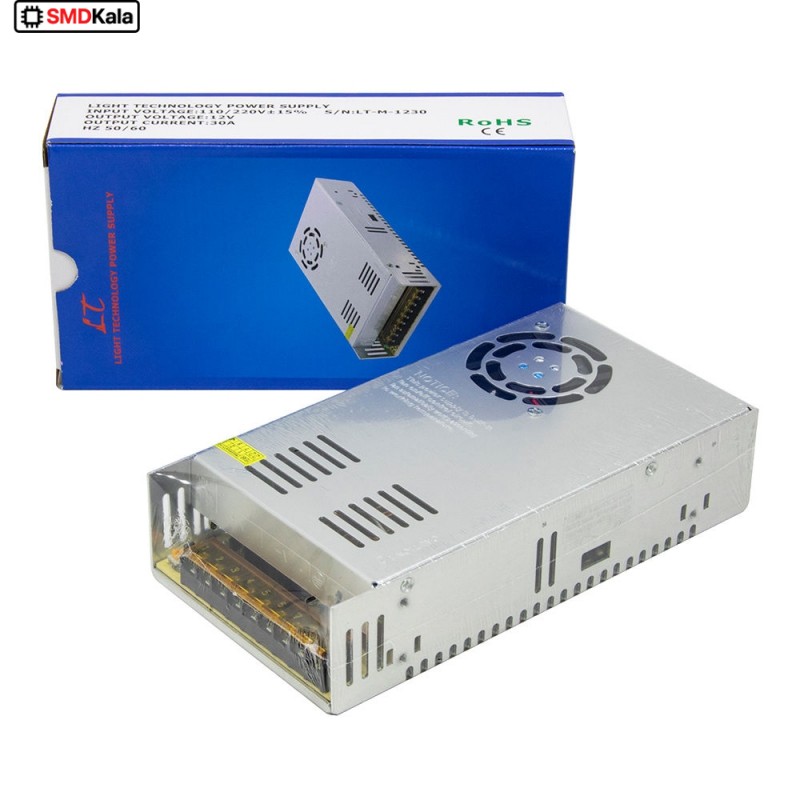 تغذیه سوئیچینگ فلزی 12 ولت 30 آمپر 12v-30A فن دار مارک LT