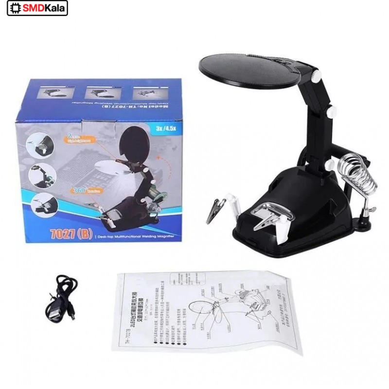 گیره مونتاژ ذره بین دار به همراه پایه هویه و نگهدارنده سیم لحیم مدل TH-7027