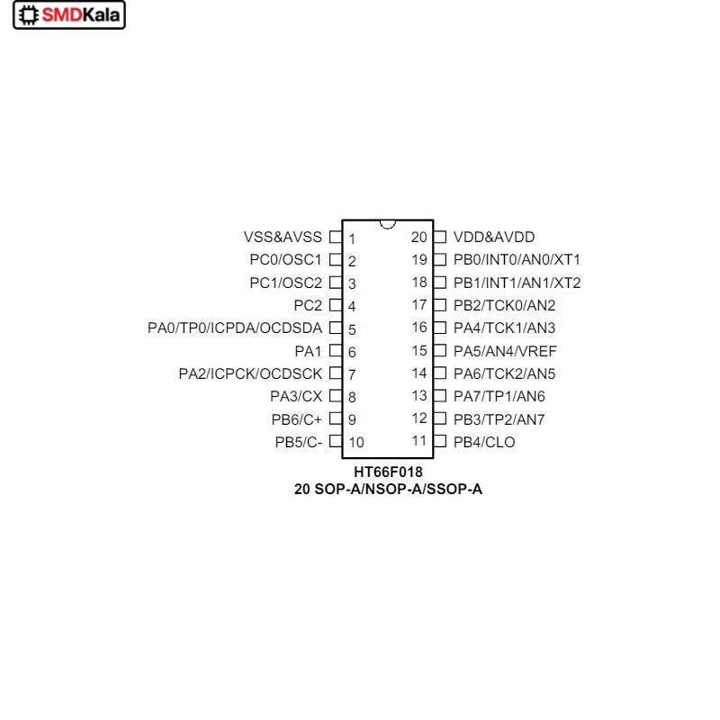 میکروکنترلر HT66F018 مارک HOLTEK پکیج SSOP-20