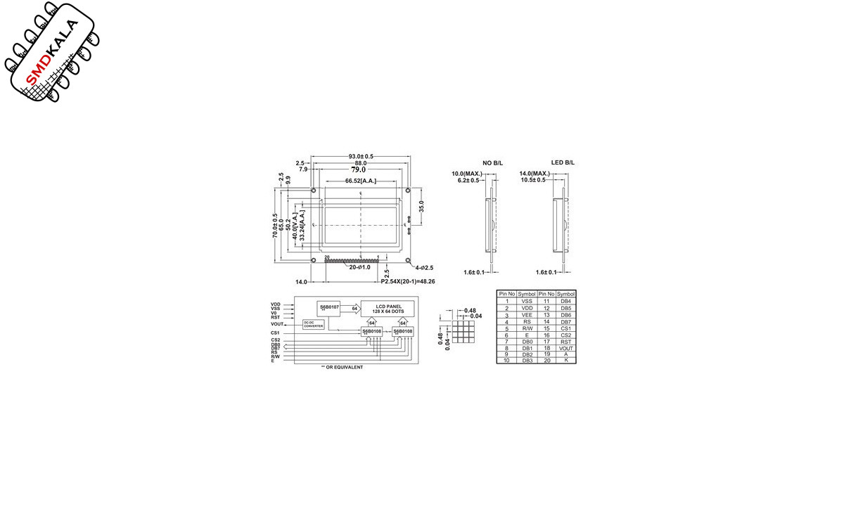 نمایشگر GLCD 64x128 گرافیکی بک لایت آبی با درایور KS108 فریم کوچک