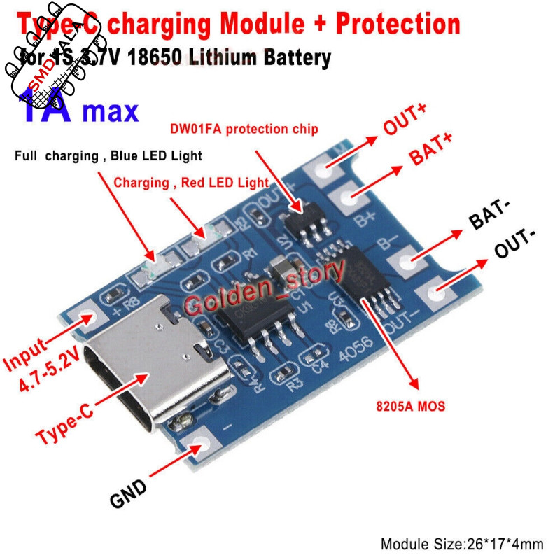 ماژول شارژر باتری لیتیومی 1 آمپر TP4056 دارای محافظ با ورودی USB TYPE-C