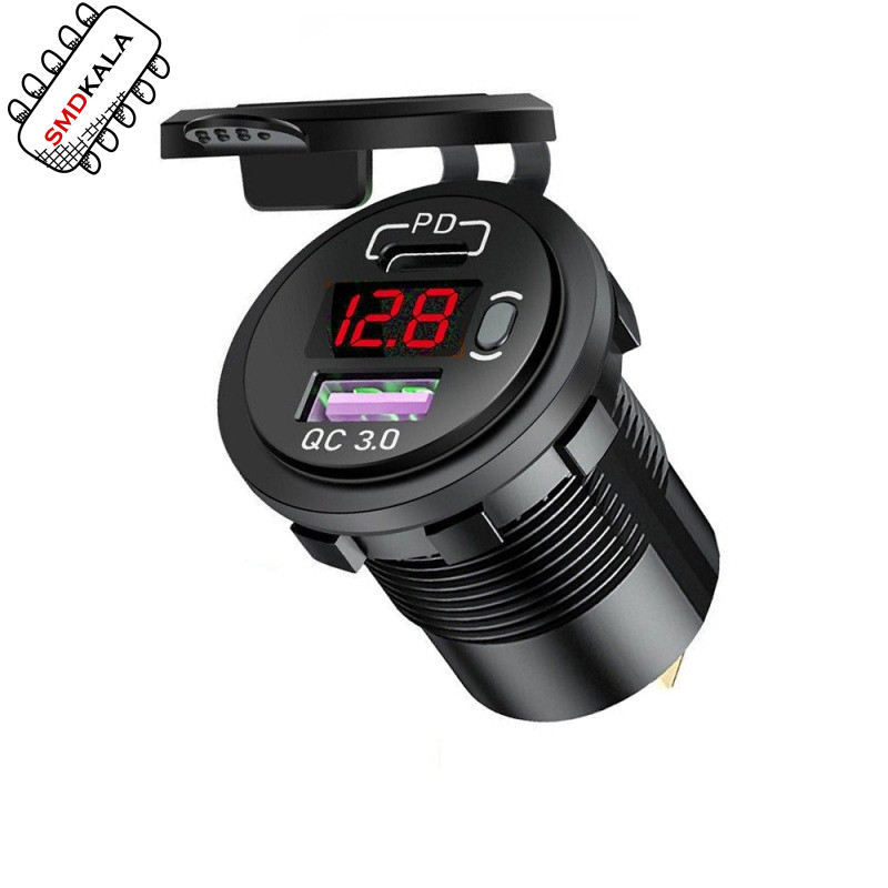 شارژر USB خودرویی روپنلی گرد QC3.0 + Type-C با کلید ON/OFF و نشانگر ولتاژ