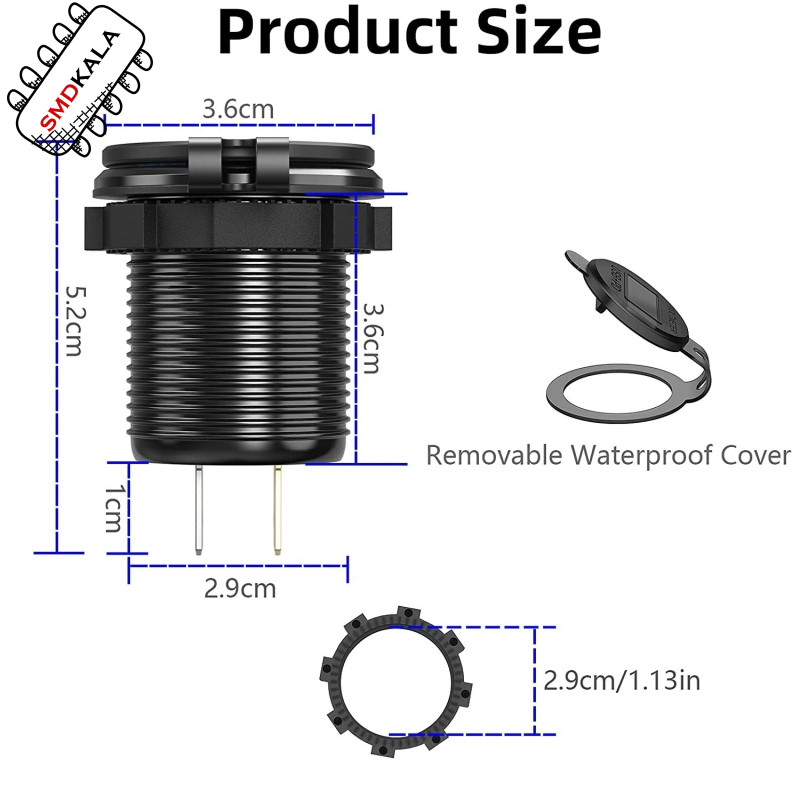 شارژر USB خودرویی روپنلی گرد QC3.0 + Type-C با کلید ON/OFF و نشانگر ولتاژ