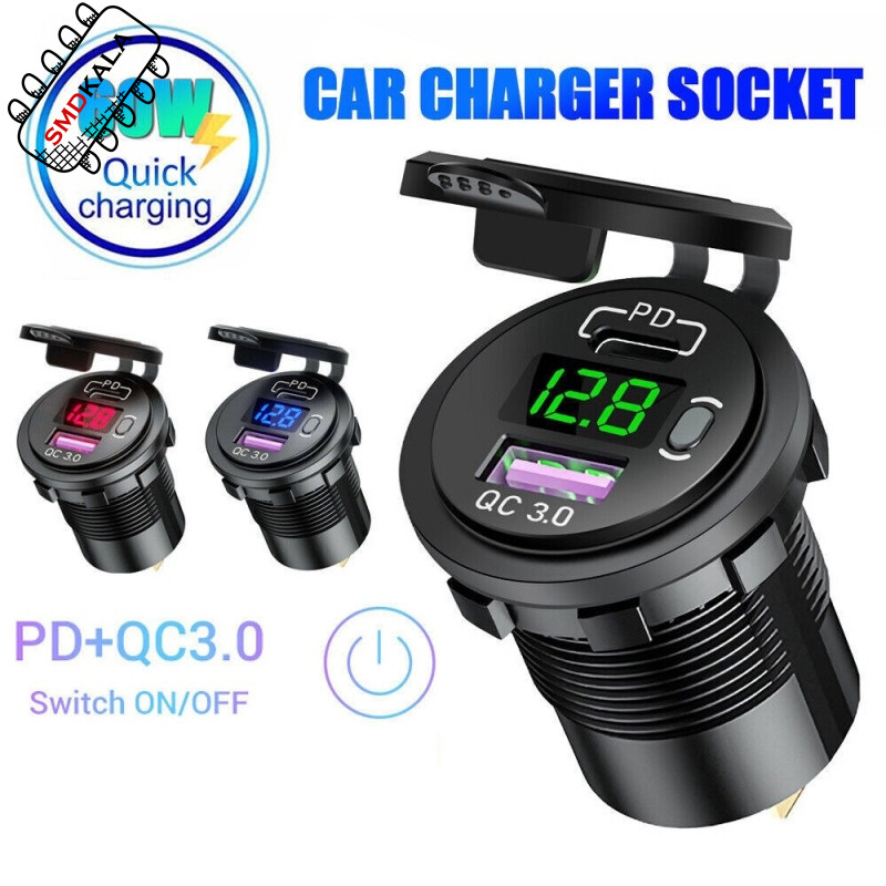شارژر USB خودرویی روپنلی گرد QC3.0 + Type-C با کلید ON/OFF و نشانگر ولتاژ