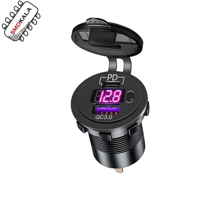 شارژر USB خودرویی روپنلی گرد QC3.0 + Type-C با کلید ON/OFF و نشانگر ولتاژ
