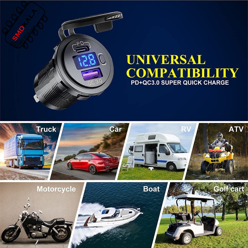 شارژر USB خودرویی روپنلی گرد QC3.0 + Type-C با کلید ON/OFF و نشانگر ولتاژ