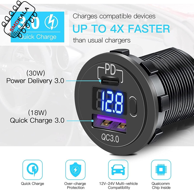شارژر USB خودرویی روپنلی گرد QC3.0 + Type-C با کلید ON/OFF و نشانگر ولتاژ