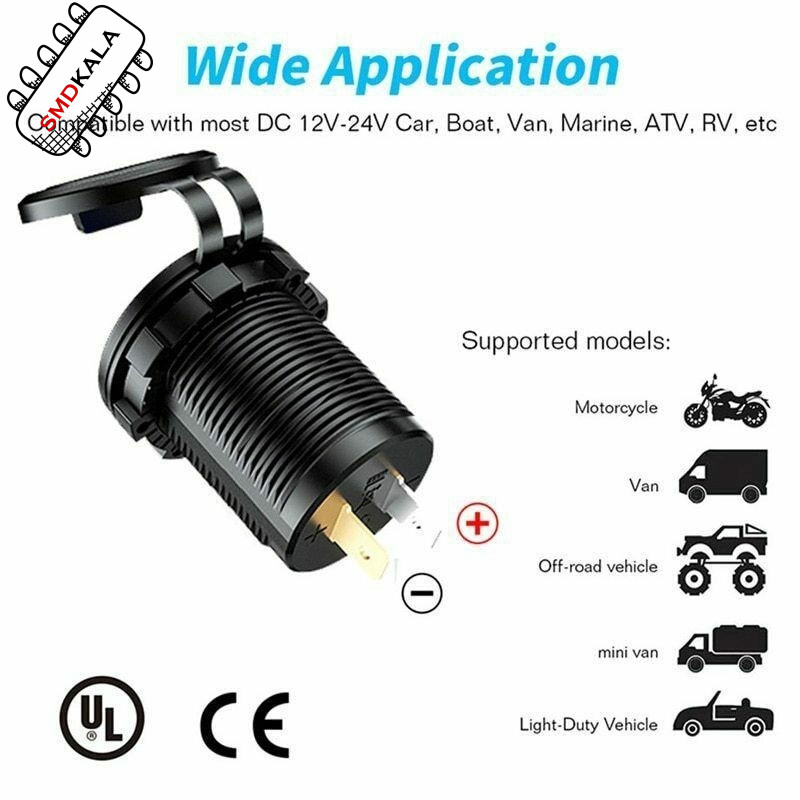 شارژر USB خودرویی روپنلی گرد قرمز دو خروجی فست شارژ QC3.0 با نشانگر ولتاژ