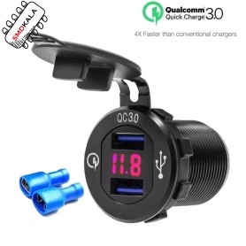 شارژر USB خودرویی روپنلی گرد قرمز دو خروجی فست شارژ QC3.0 با نشانگر ولتاژ
