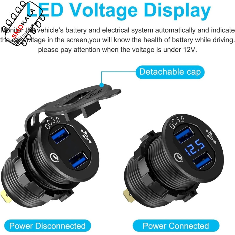 شارژر USB خودرویی روپنلی گرد قرمز دو خروجی فست شارژ QC3.0 با نشانگر ولتاژ