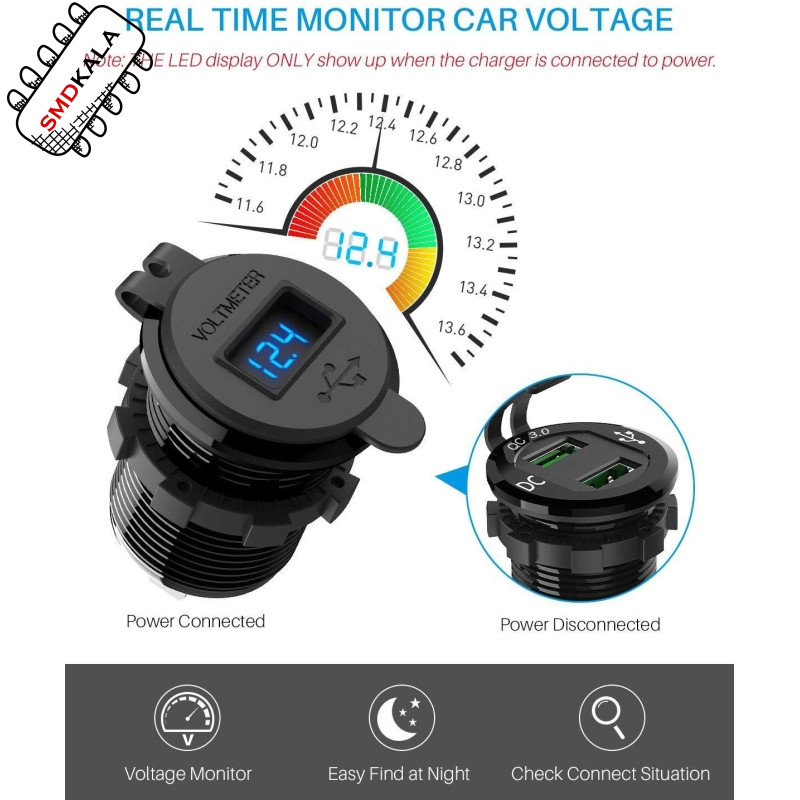 شارژر USB خودرویی روپنلی گرد قرمز دو خروجی فست شارژ QC3.0 با نشانگر ولتاژ