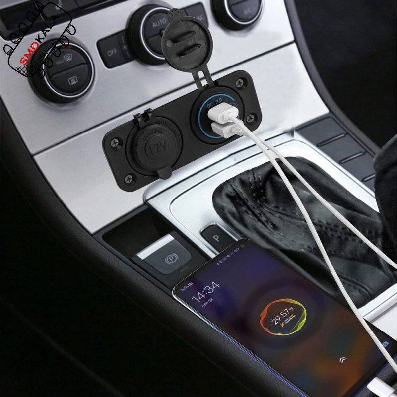 شارژر USB خودرویی روپنلی دوبل فندکی و دو خروجی فست شارژ QC3.0 با ON/OFF لمسی