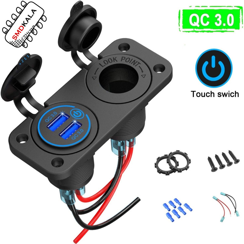 شارژر USB خودرویی روپنلی دوبل فندکی و دو خروجی فست شارژ QC3.0 با ON/OFF لمسی