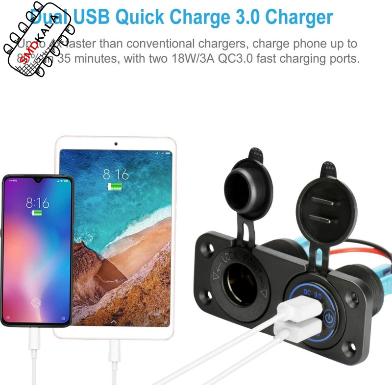 شارژر USB خودرویی روپنلی دوبل فندکی و دو خروجی فست شارژ QC3.0 با ON/OFF لمسی