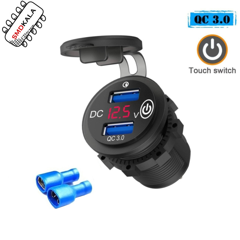 شارژر USB خودرویی روپنلی گرد قرمز دو خروجی فست شارژ QC3.0 با ON/OFF لمسی و نمایشگر ولتاژ