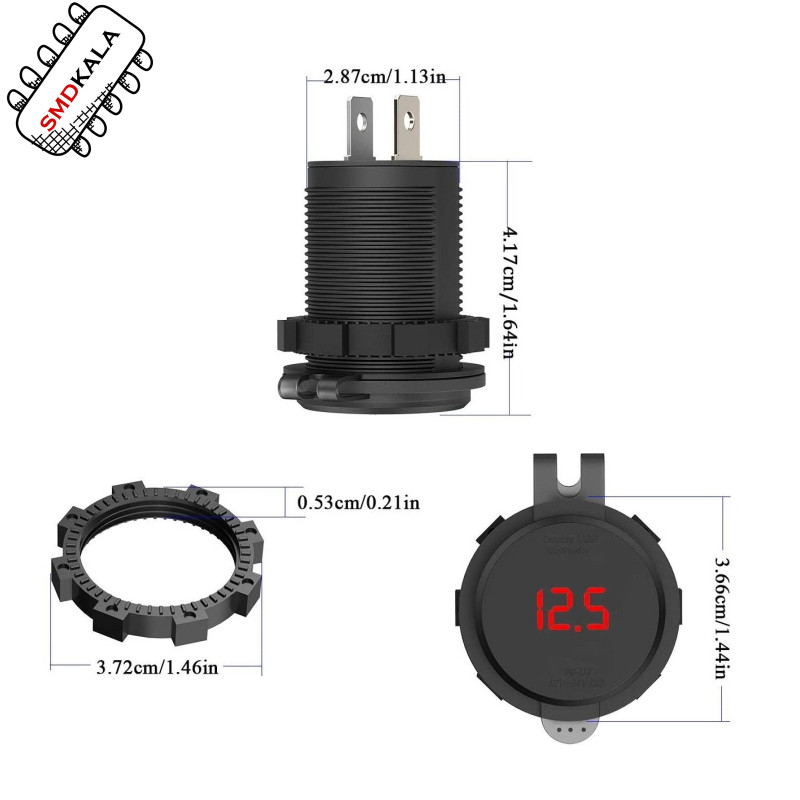 شارژر USB خودرویی روپنلی گرد قرمز دو خروجی فست شارژ QC3.0 با ON/OFF لمسی و نمایشگر ولتاژ
