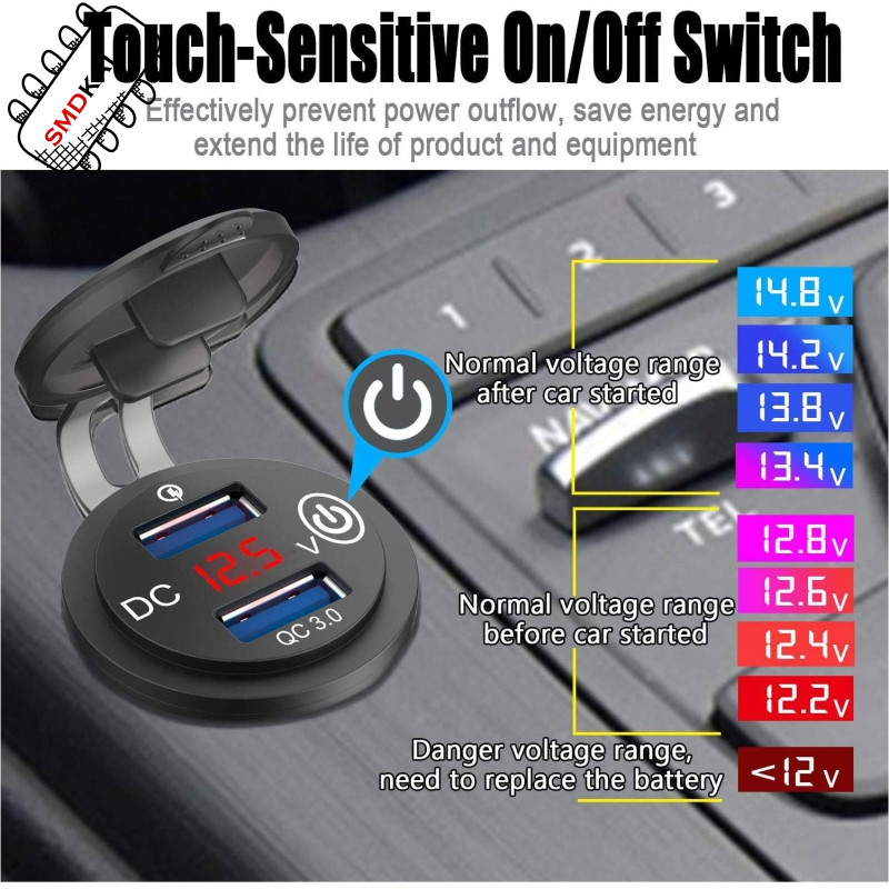 شارژر USB خودرویی روپنلی گرد قرمز دو خروجی فست شارژ QC3.0 با ON/OFF لمسی و نمایشگر ولتاژ
