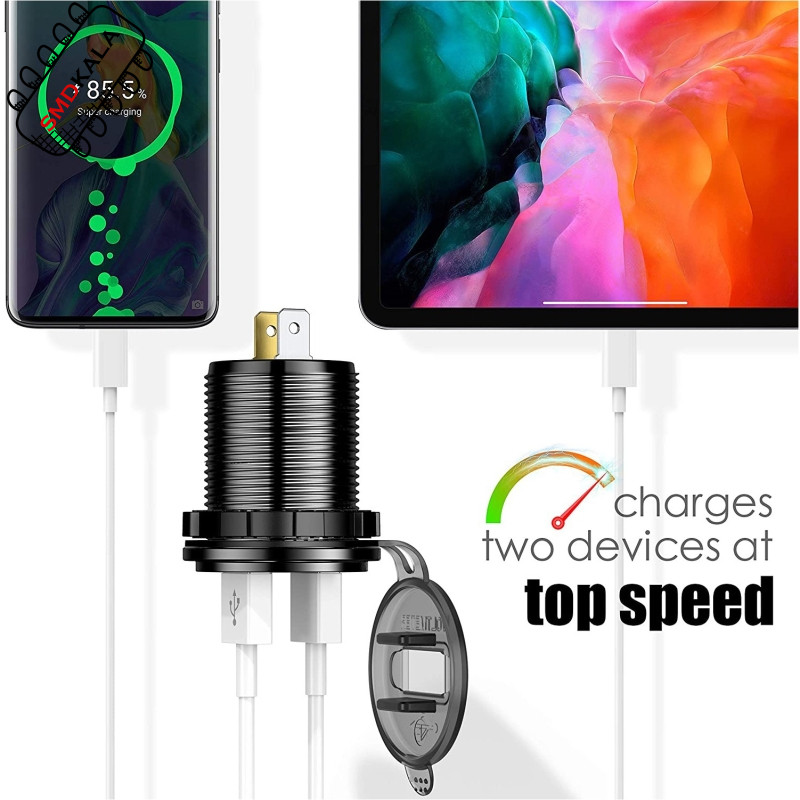 شارژر USB خودرویی روپنلی گرد قرمز دو خروجی فست شارژ QC3.0 با ON/OFF لمسی و نمایشگر ولتاژ