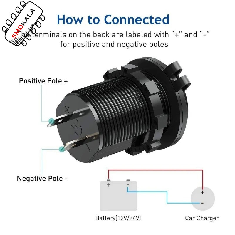شارژر USB خودرویی روپنلی گرد قرمز دو خروجی فست شارژ QC3.0 با ON/OFF لمسی و نمایشگر ولتاژ
