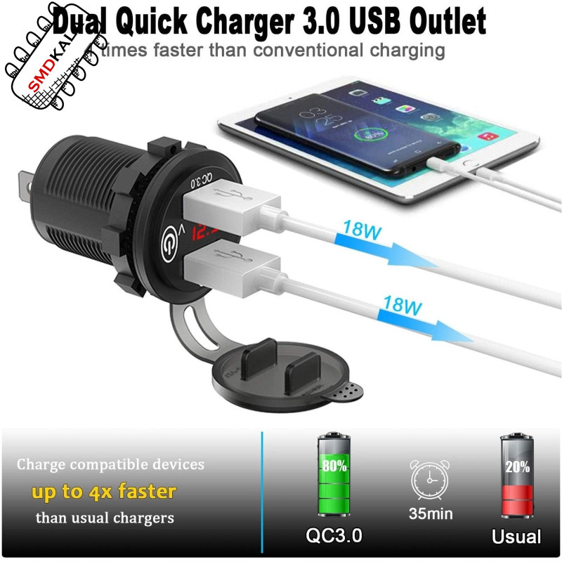 شارژر USB خودرویی روپنلی گرد قرمز دو خروجی فست شارژ QC3.0 با ON/OFF لمسی و نمایشگر ولتاژ