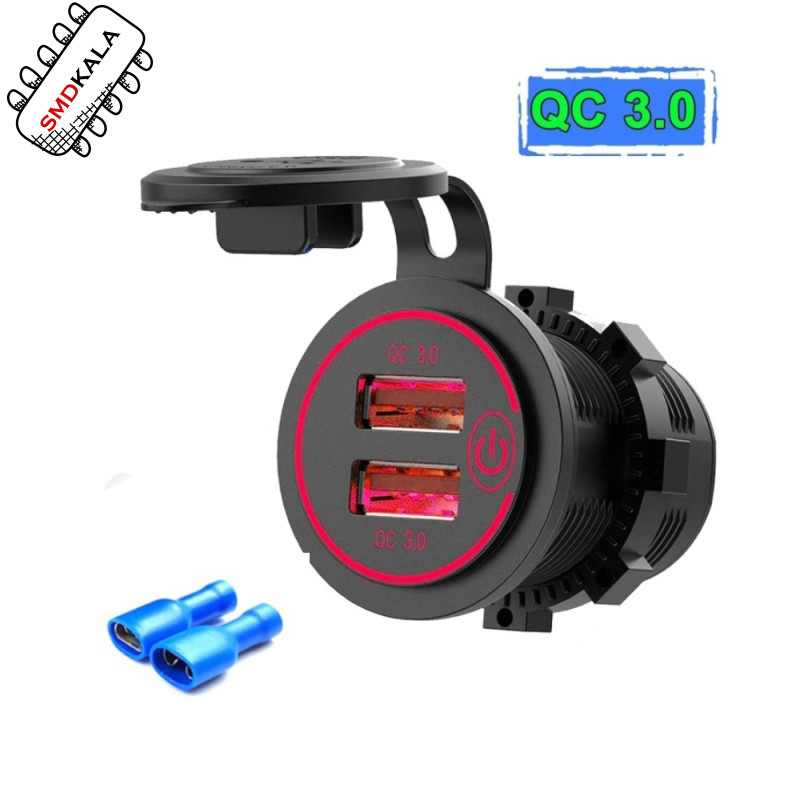 شارژر USB خودرویی روپنلی گرد قرمز دو خروجی فست شارژ QC3.0 با ON/OFF لمسی و فیوز بین راهی