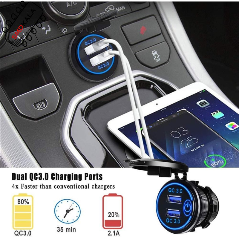 شارژر USB خودرویی روپنلی گرد قرمز دو خروجی فست شارژ QC3.0 با ON/OFF لمسی و فیوز بین راهی