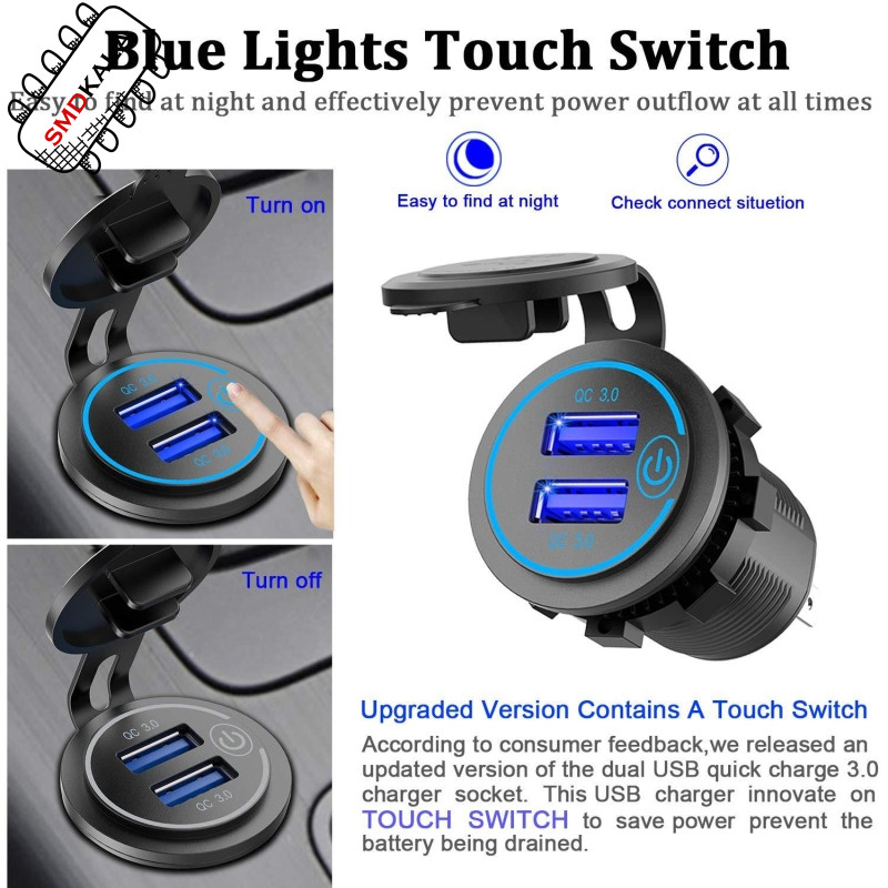 شارژر USB خودرویی روپنلی گرد قرمز دو خروجی فست شارژ QC3.0 با ON/OFF لمسی و فیوز بین راهی
