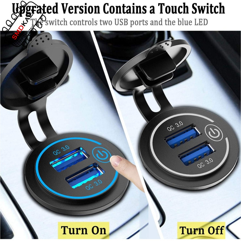 شارژر USB خودرویی روپنلی گرد قرمز دو خروجی فست شارژ QC3.0 با ON/OFF لمسی و فیوز بین راهی