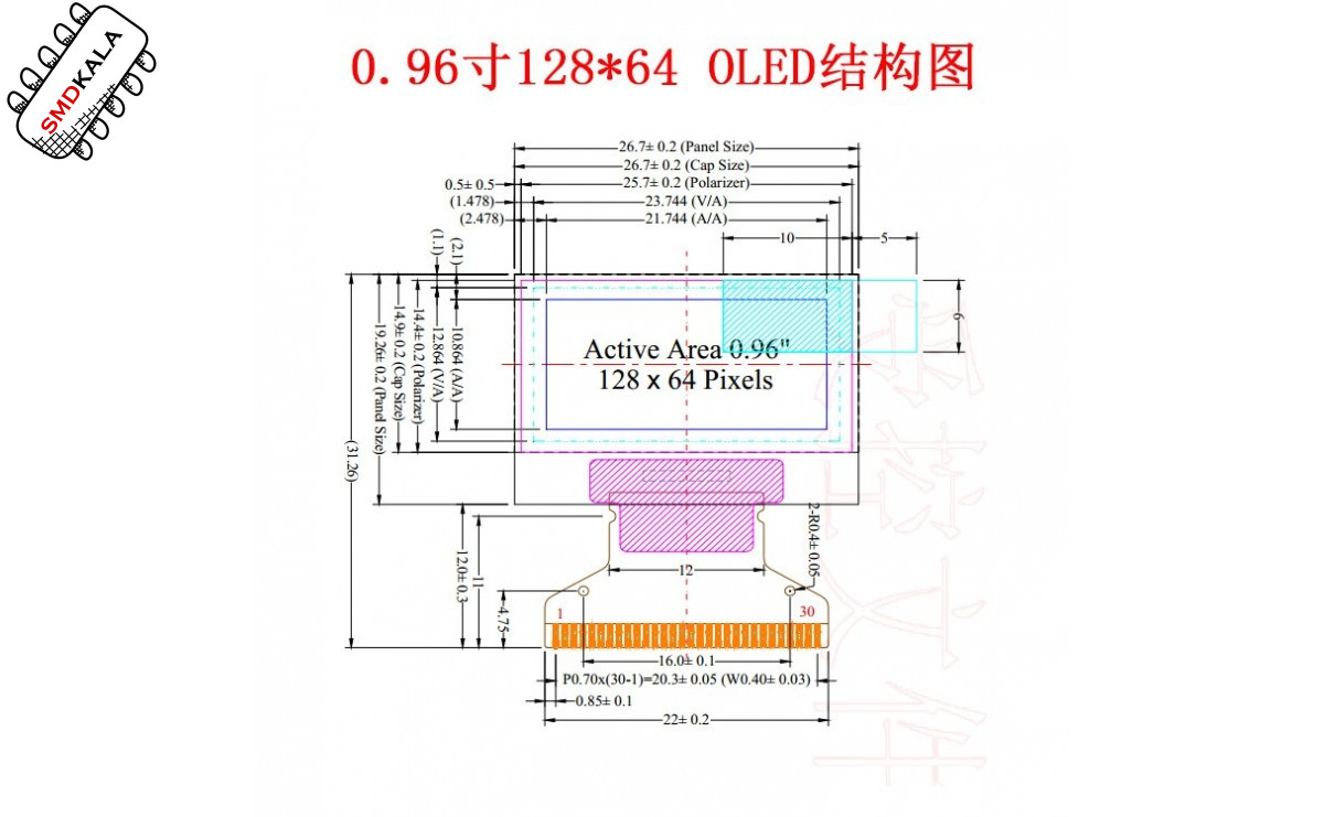 OLED 128x64 0.96 inch دو رنگ زرد-آبی